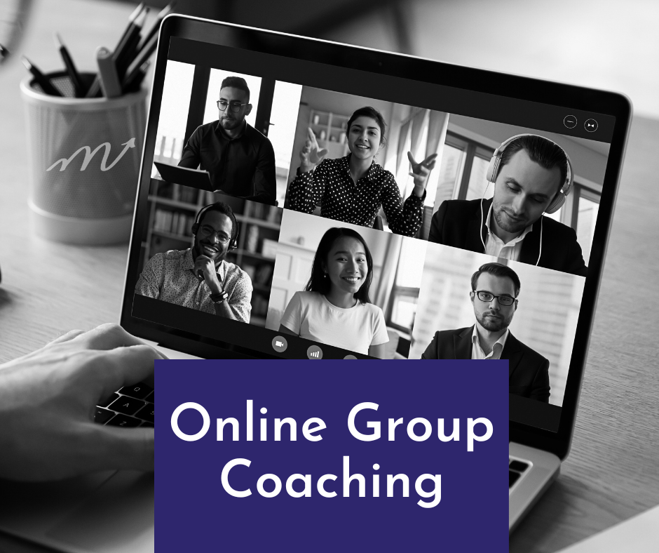 A computer screen with a group of people having an online group coaching session