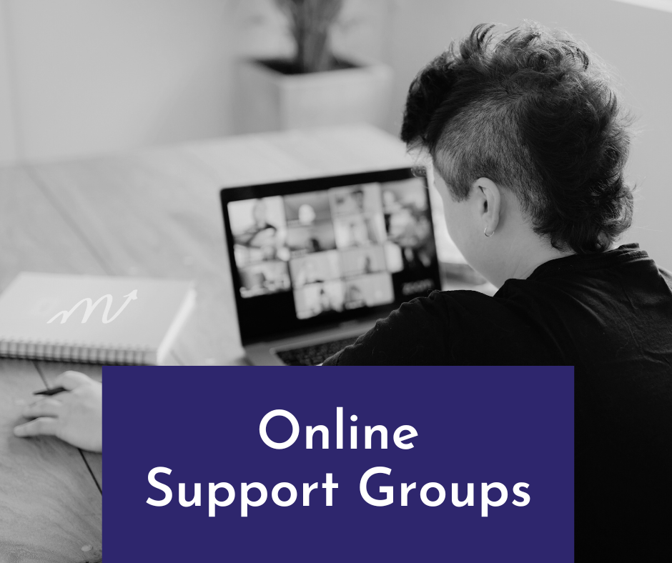 A person sitting in front of a computer talking with an online support group